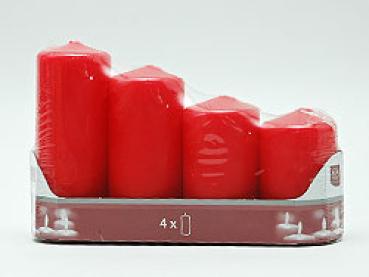 4er Stumpenkerzen, gestuft, 5cm x 6,8,10,12cm, Rot