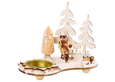 Teelichhalter aus Holz 15 x 8 x 12cm, "Winterkind auf Ski im Wald" 