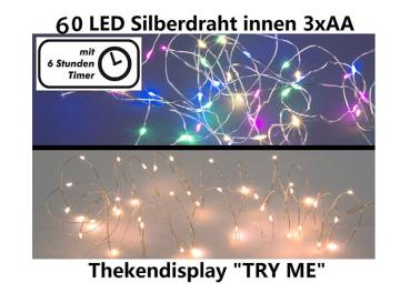 60 LED-Lichterkette, Silberdraht, ca. 6,05m, 3xAA exkl., im Display 