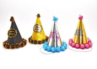 Party Hut Pappe "Happy Birthday", 4-fach sortiert, 20 cm, Ø 17 cm