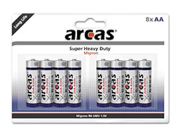 8er Blister ARCAS Batterie R6 , Zink-Kohle / MHD12/2025