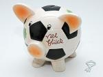 Sparschwein, Keramik, mit Schloss, Fußball, 13,5 x 14,5 cm, Fotobox  - SOPO - 